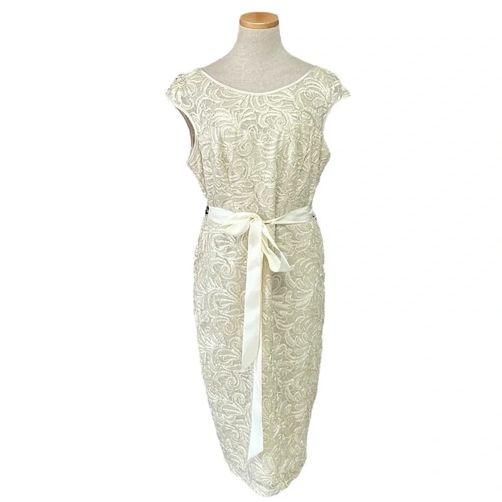 Miss Kim Dress Women's XL Extra Large Cream Lace Sleeveless Sheath Midi USA